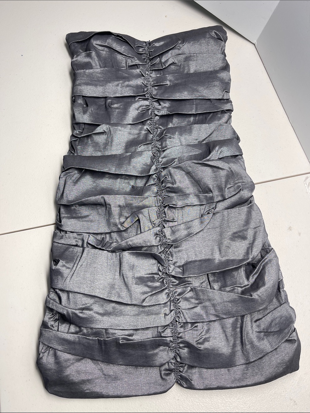 Ariella Silver Ruched Strapless Cocktail Dress. Size L. Runs small